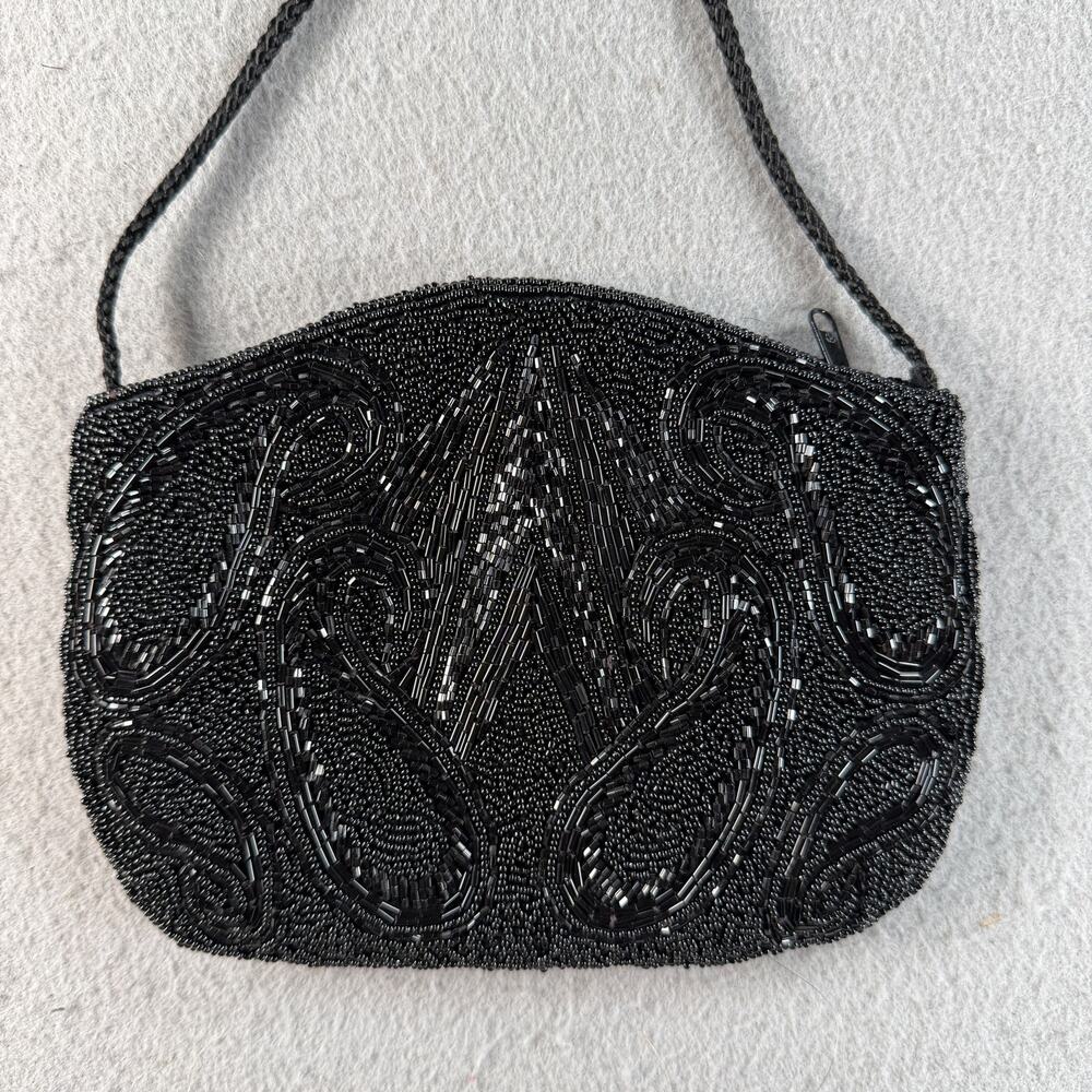 Robinsons Black Hand Beaded Evening Bag Crossbody Purse Formal Zip Top